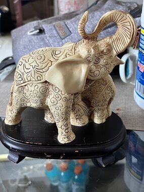 Cream Decorative Elephant Sculpture - Ornate Home Art Accent